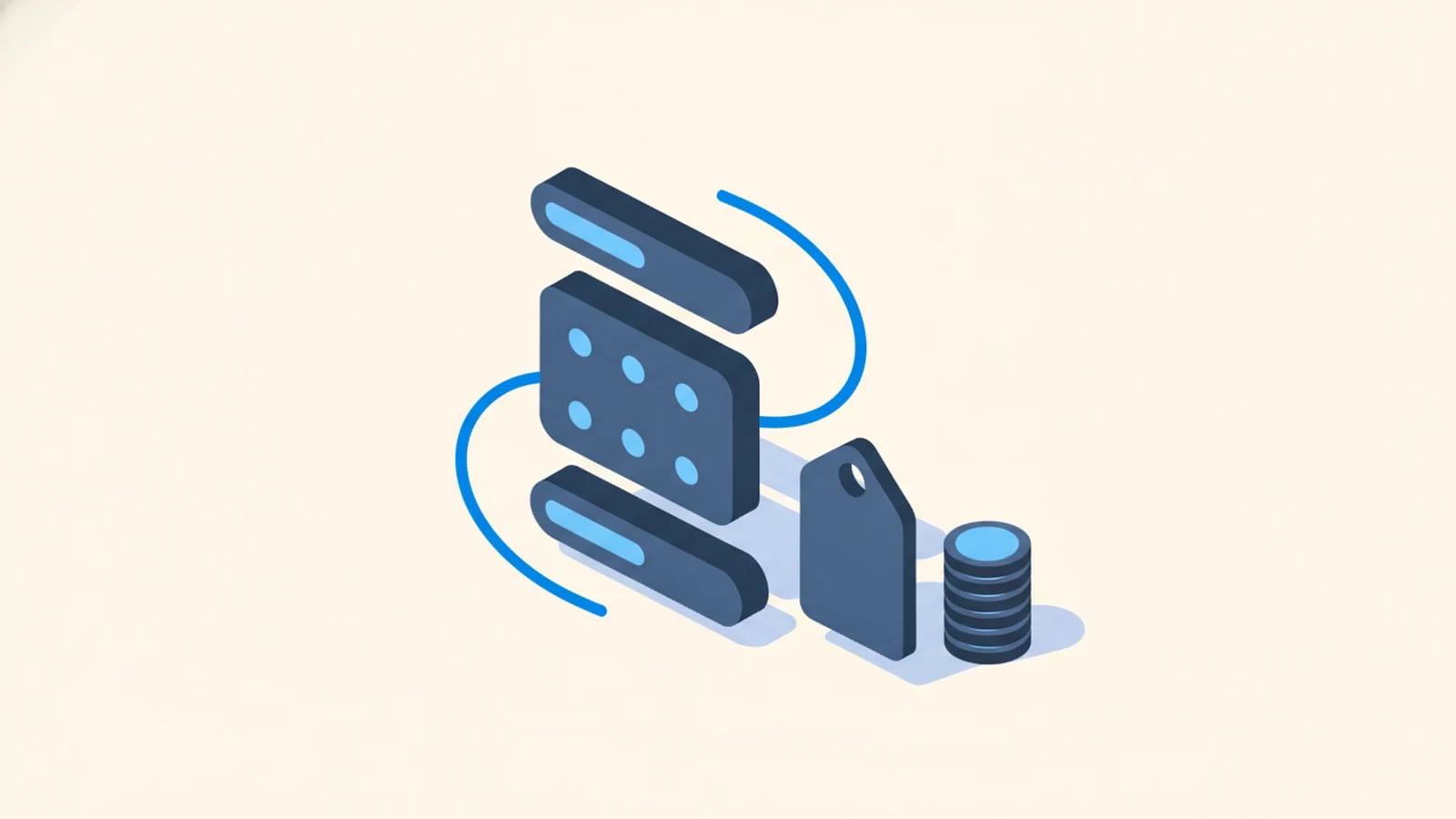 Isometric illustration of a compact custom app with a price tag and coins, illustrating affordable custom software.