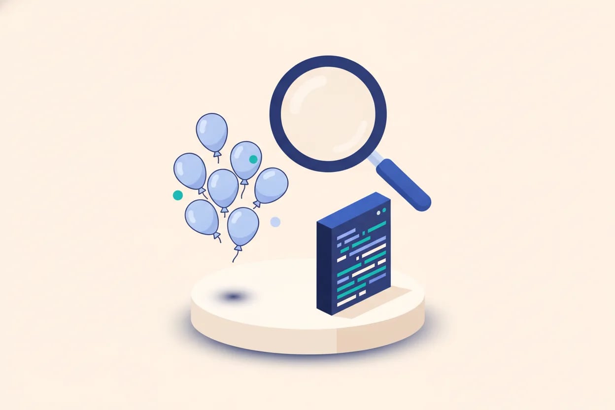 Illustration vectorielle plate d’une loupe séparant des ballons à la dérive d’un bloc de code solide posé sur un piédestal