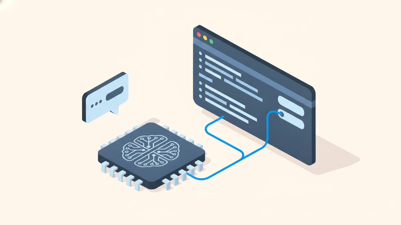 Isometric illustration of an AI chip linked to a code window, illustrating myths about AI coding.