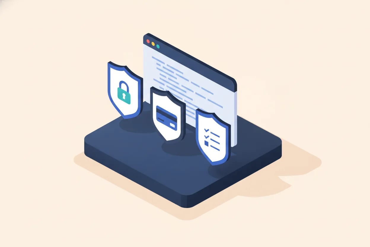 Illustration vectorielle plate d’une fenêtre de code sur une base unique, protégée par trois boucliers pour la confidentialité des données, les paiements et les audits