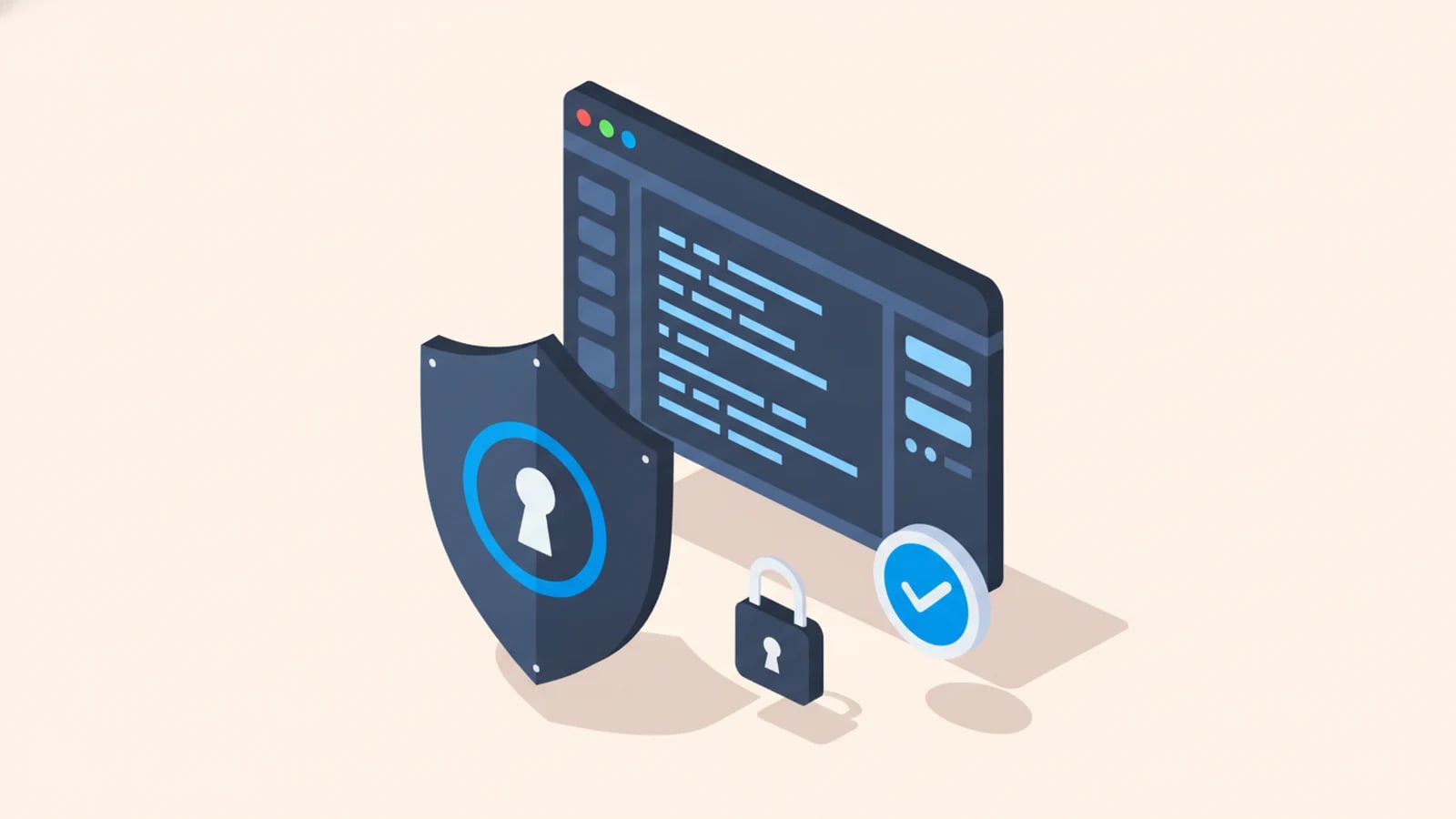Isometric illustration of a shield and lock guarding a code window, illustrating AI development security and compliance.