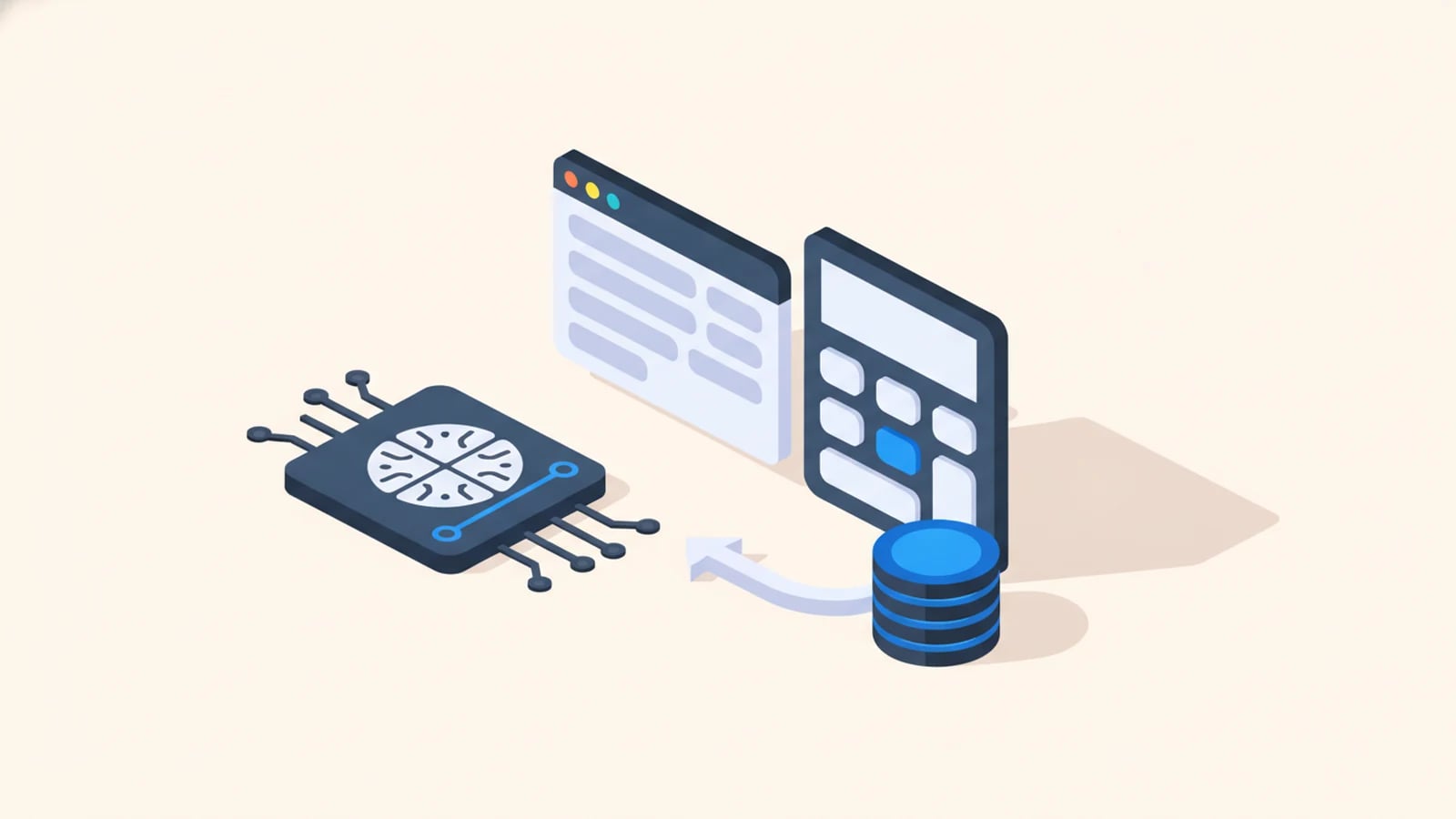 Isometric illustration of an AI chip and code beside a calculator and coins, illustrating AI software development cost.