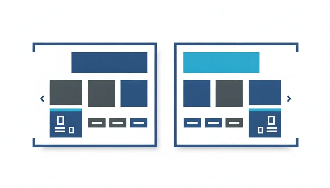 Ilustración vectorial plana en azul y gris pizarra sobre fondo blanco: dos paneles abstractos de página de producto, el izquierdo una copia idéntica y el derecho sutilmente reorganizado, con otros bloques de imagen, etiquetas de precio sin divisa y elementos de maquetación en espejo