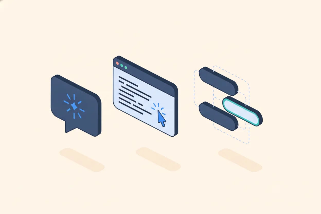 Illustration vectorielle plate de trois outils de codage IA sur un établi : un assistant conversationnel, un éditeur de code IA et un générateur d’applications