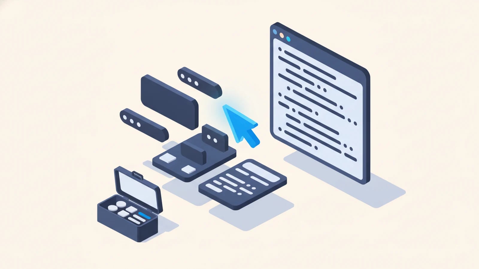Isometric illustration of a cursor-wand assembling app blocks with developer tools, illustrating the best vibe-coding tools.