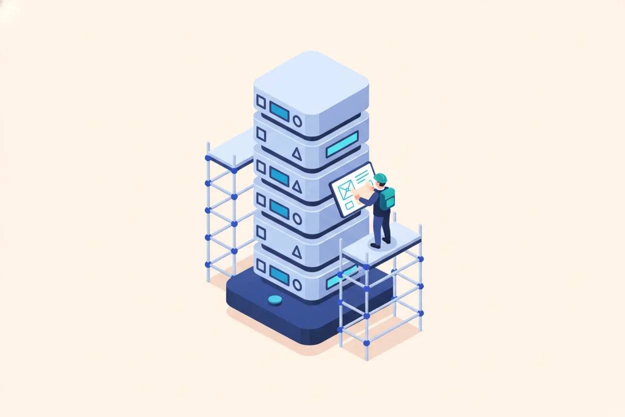 Illustration vectorielle plate d’une petite application qui grandit en une haute tour de modules serveur, avec un ingénieur qui vérifie un plan