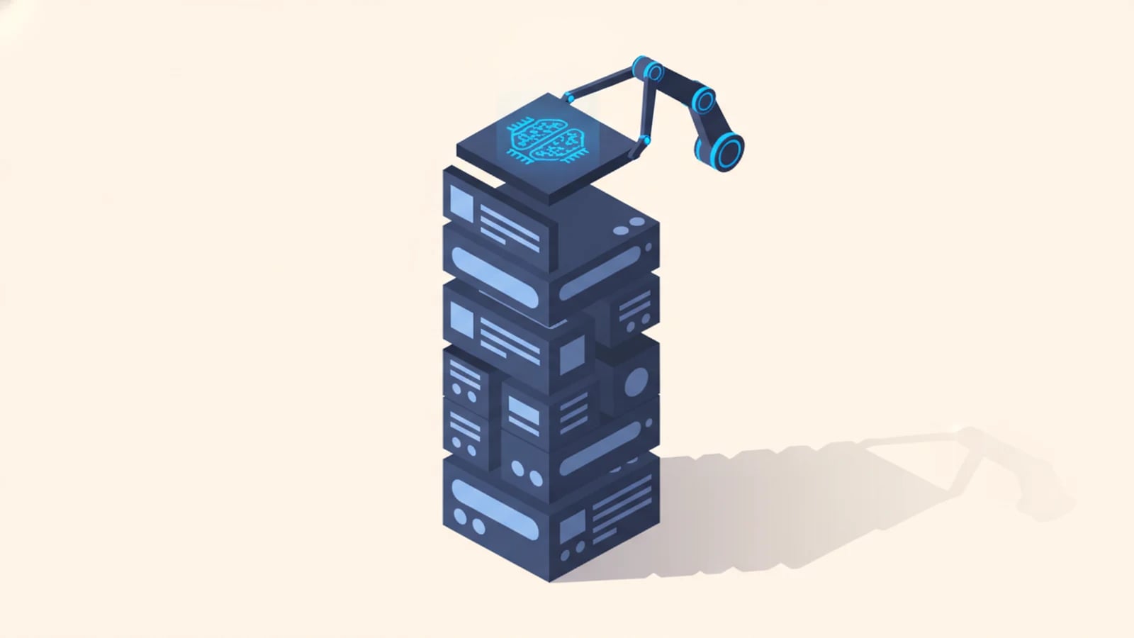 Isometric illustration of an AI assembling a large enterprise application tower, illustrating whether AI can build enterprise software.