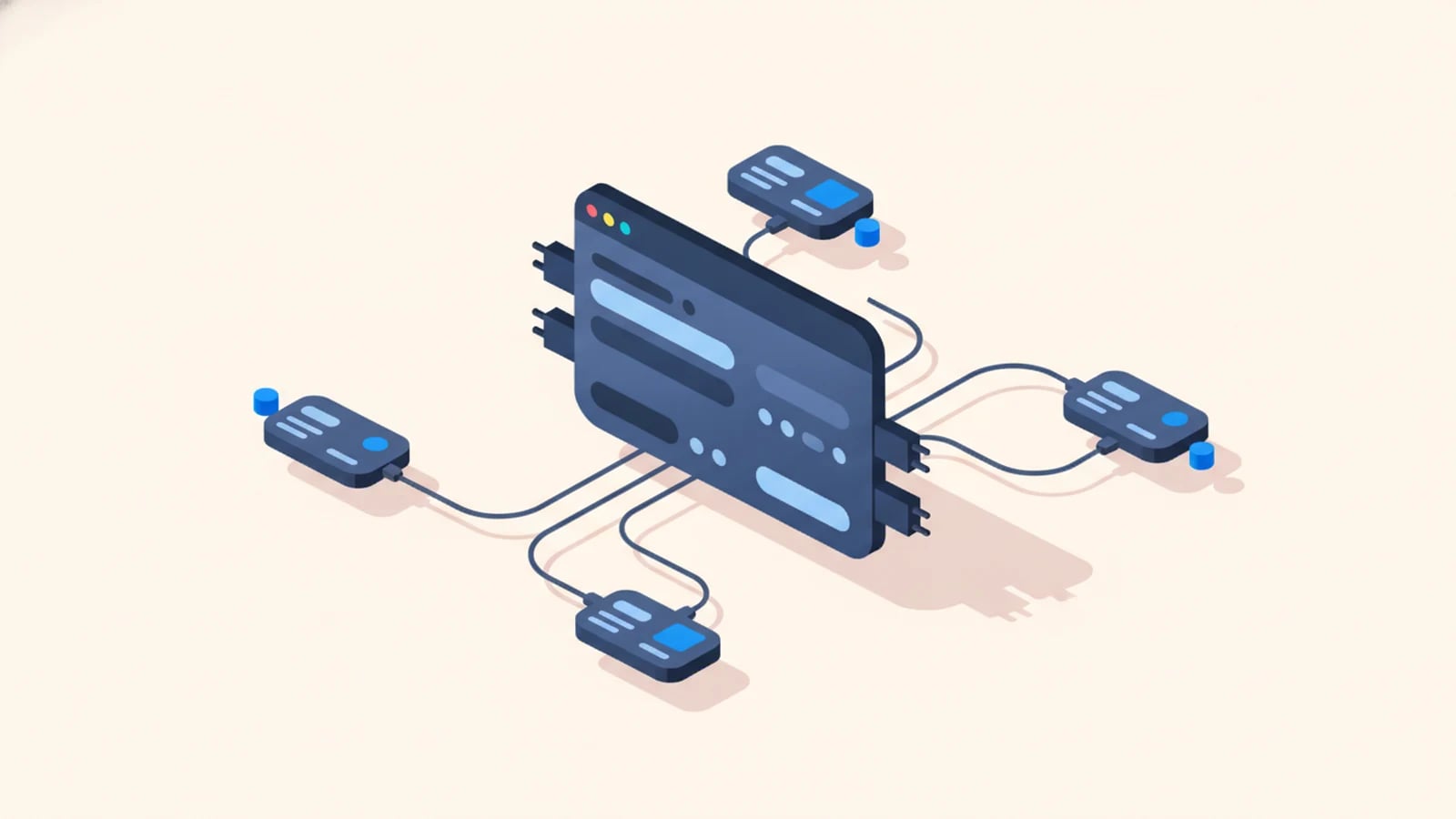 Isometric illustration of an app connected via API plugs to several carrier services, illustrating carrier API integration.