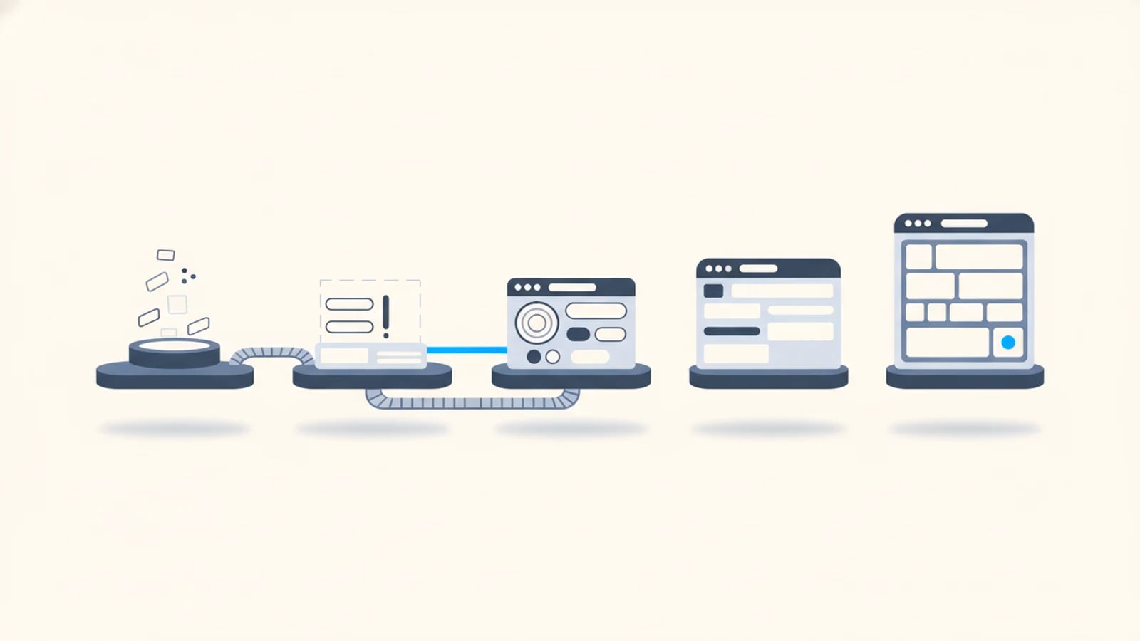 Isometric illustration of a staged assembly line producing a finished application, illustrating the custom software development process.