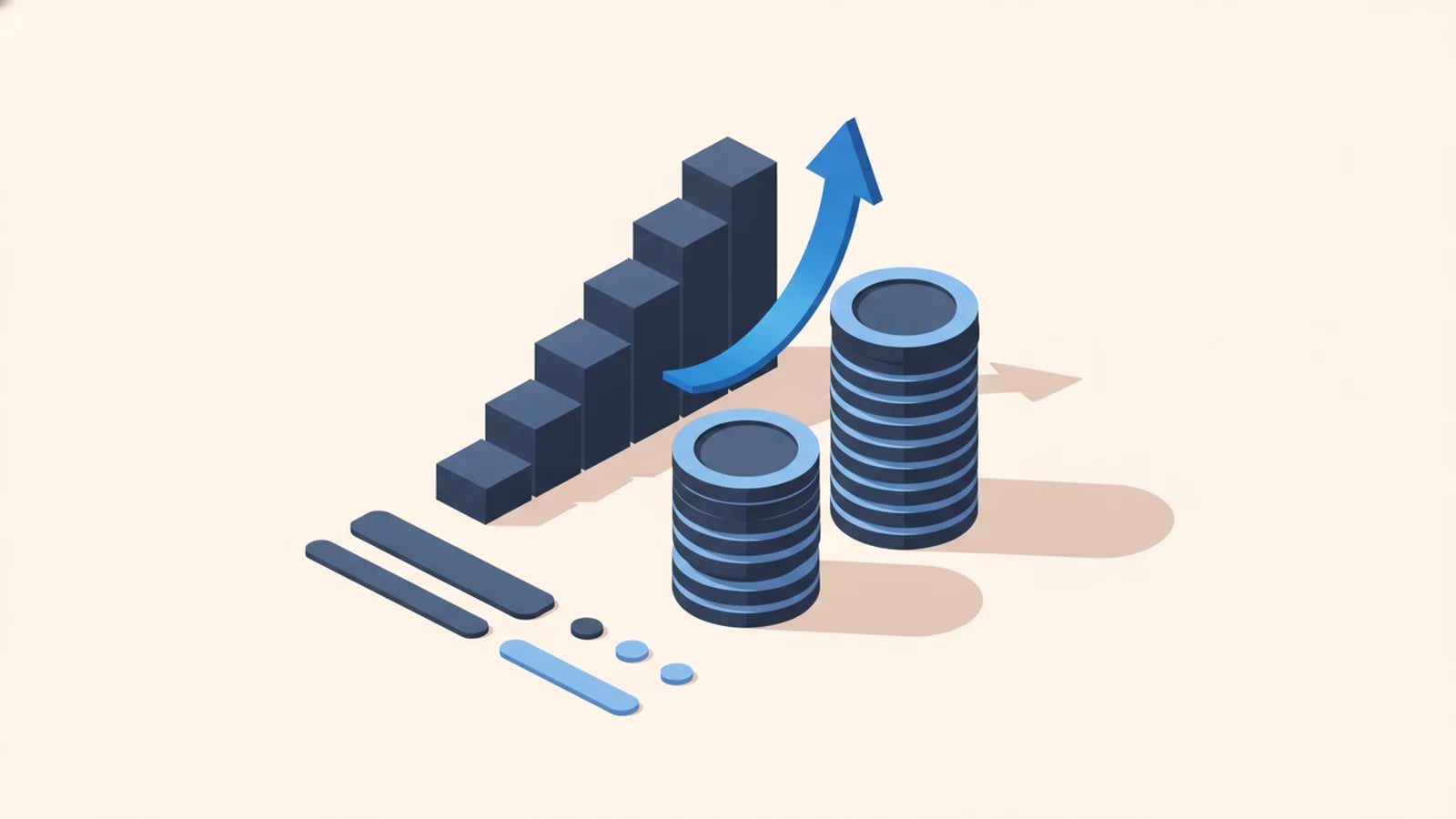 Isometric illustration of a rising bar chart and coin stack, illustrating custom software return on investment.