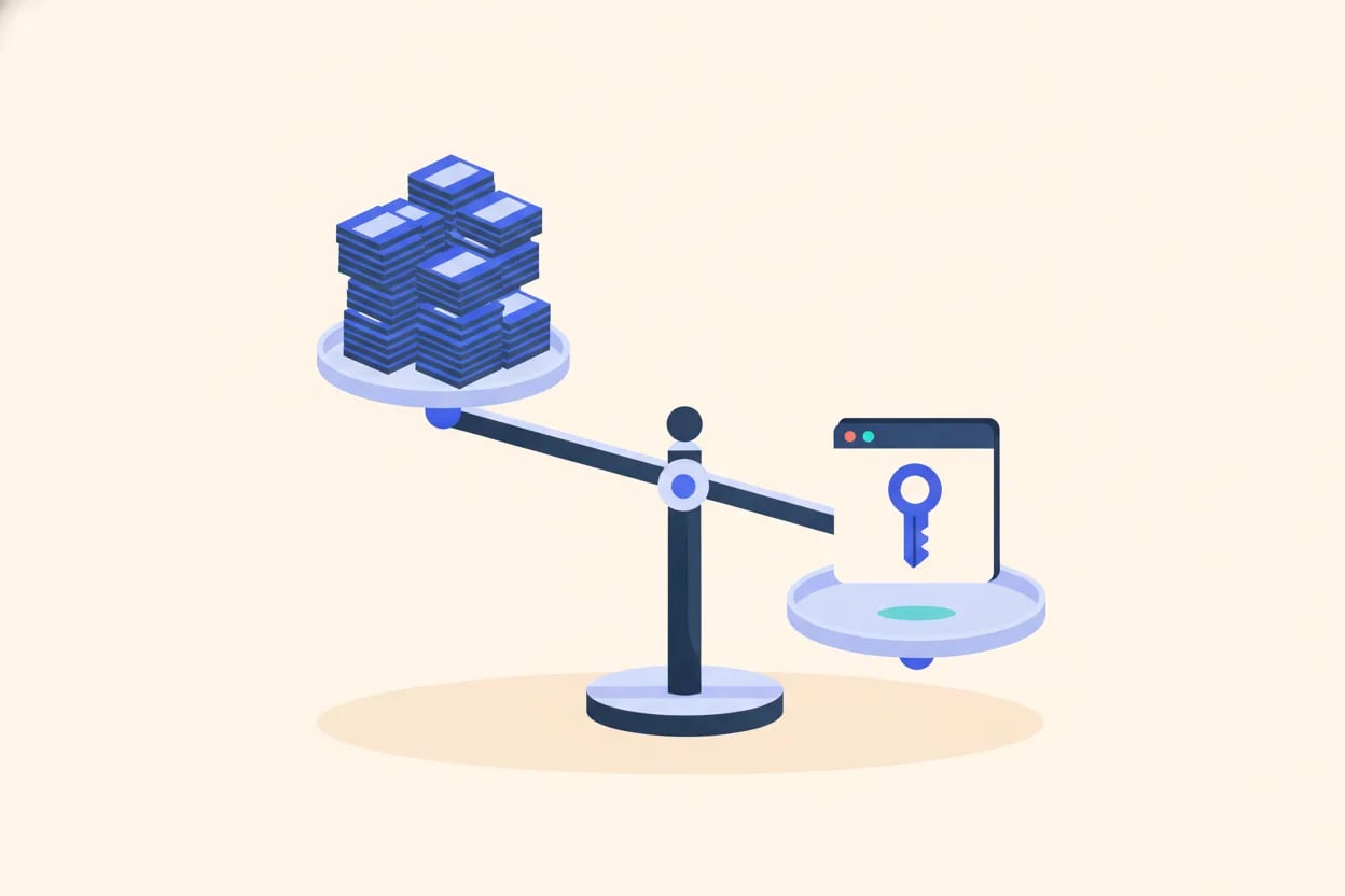 Illustration vectorielle plate d’une balance pesant une pile de cartes d’abonnement face à une seule application possédée, avec une clé
