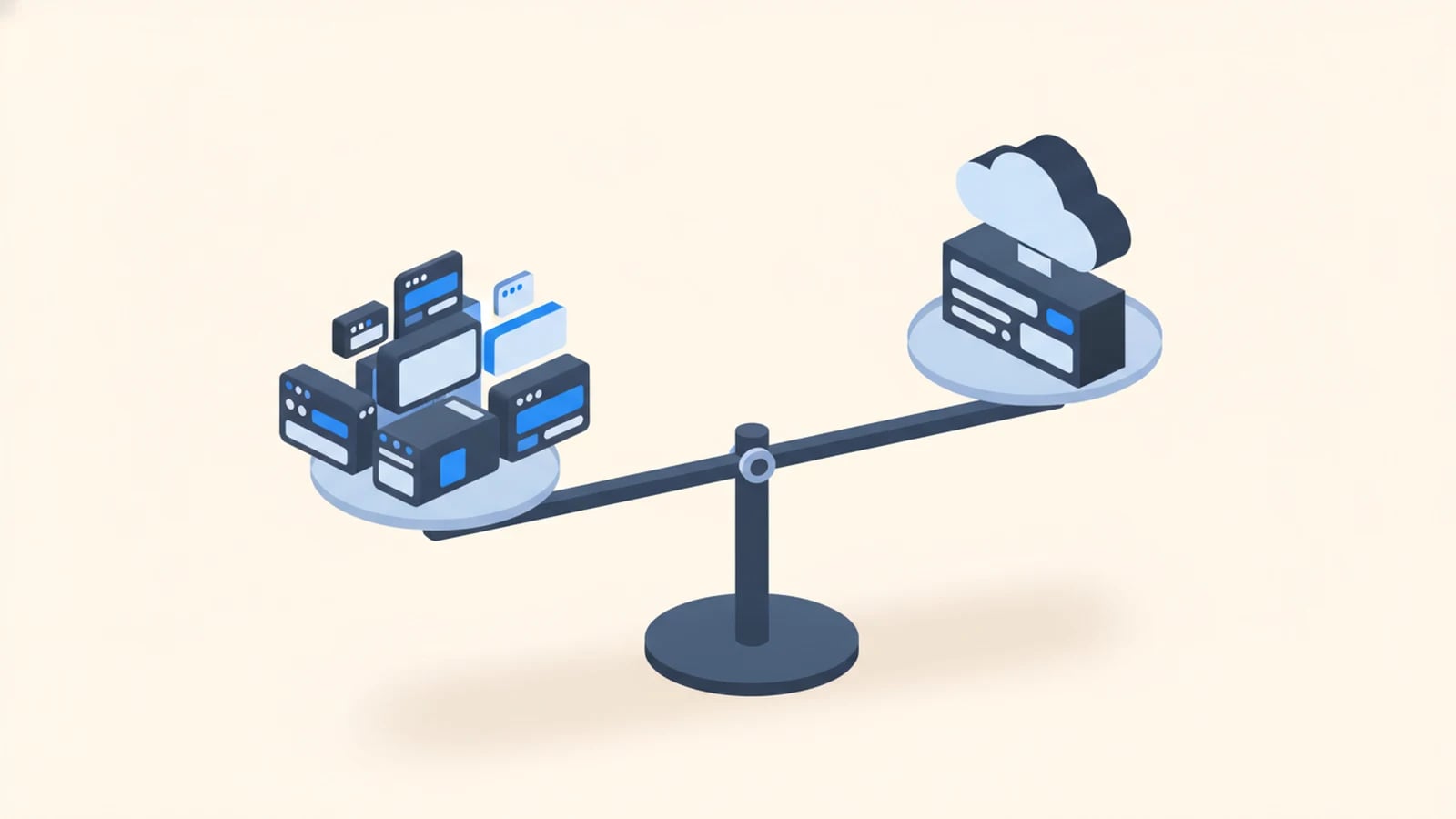 Isometric illustration of a scale weighing a custom-built app against a cloud subscription, illustrating custom software versus SaaS.