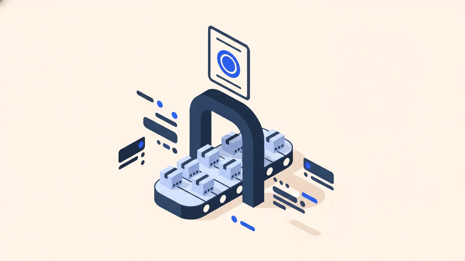 Isometric illustration of shipping boxes moving through an automated customs gate, illustrating customs automation.