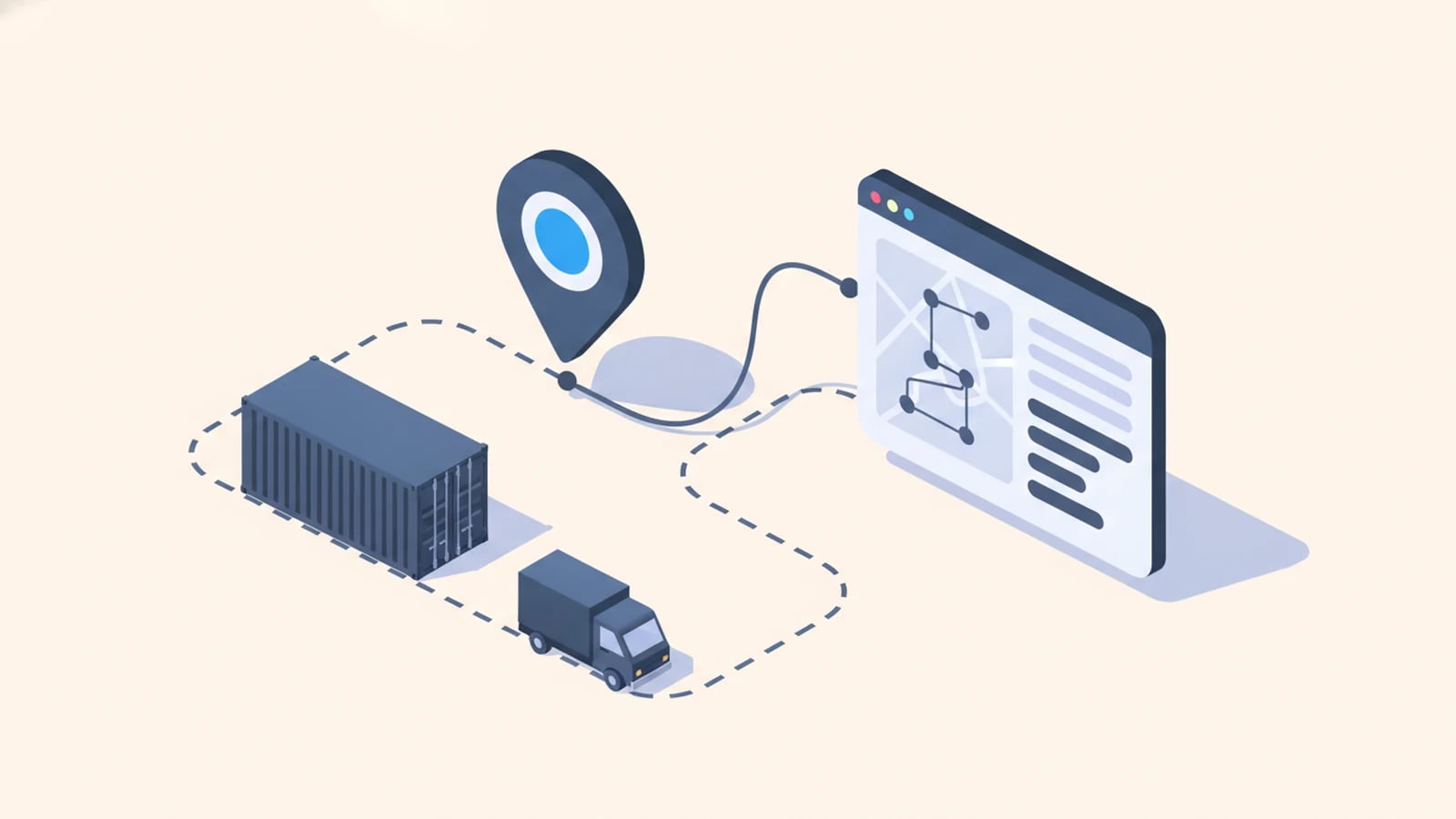 Isometric illustration of a shipping container and truck linked to a tracking dashboard, illustrating freight tracking software.
