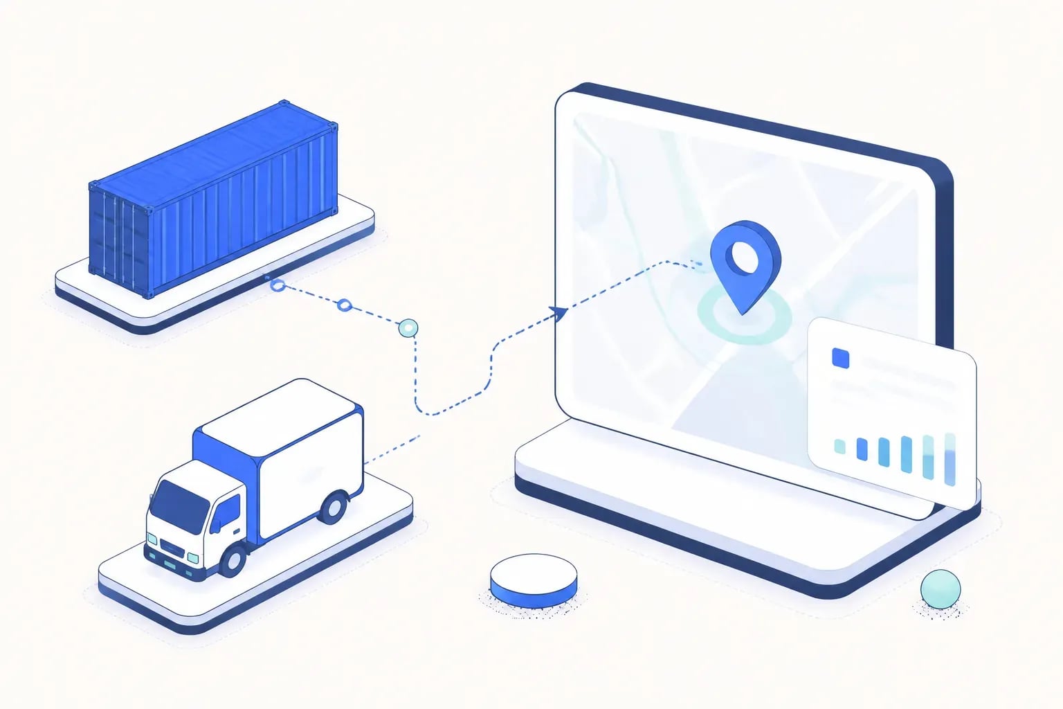 Platte vectorillustratie van een zeecontainer en een vrachtwagen op een routelijn die een live dashboard voor zendingtracking voeden