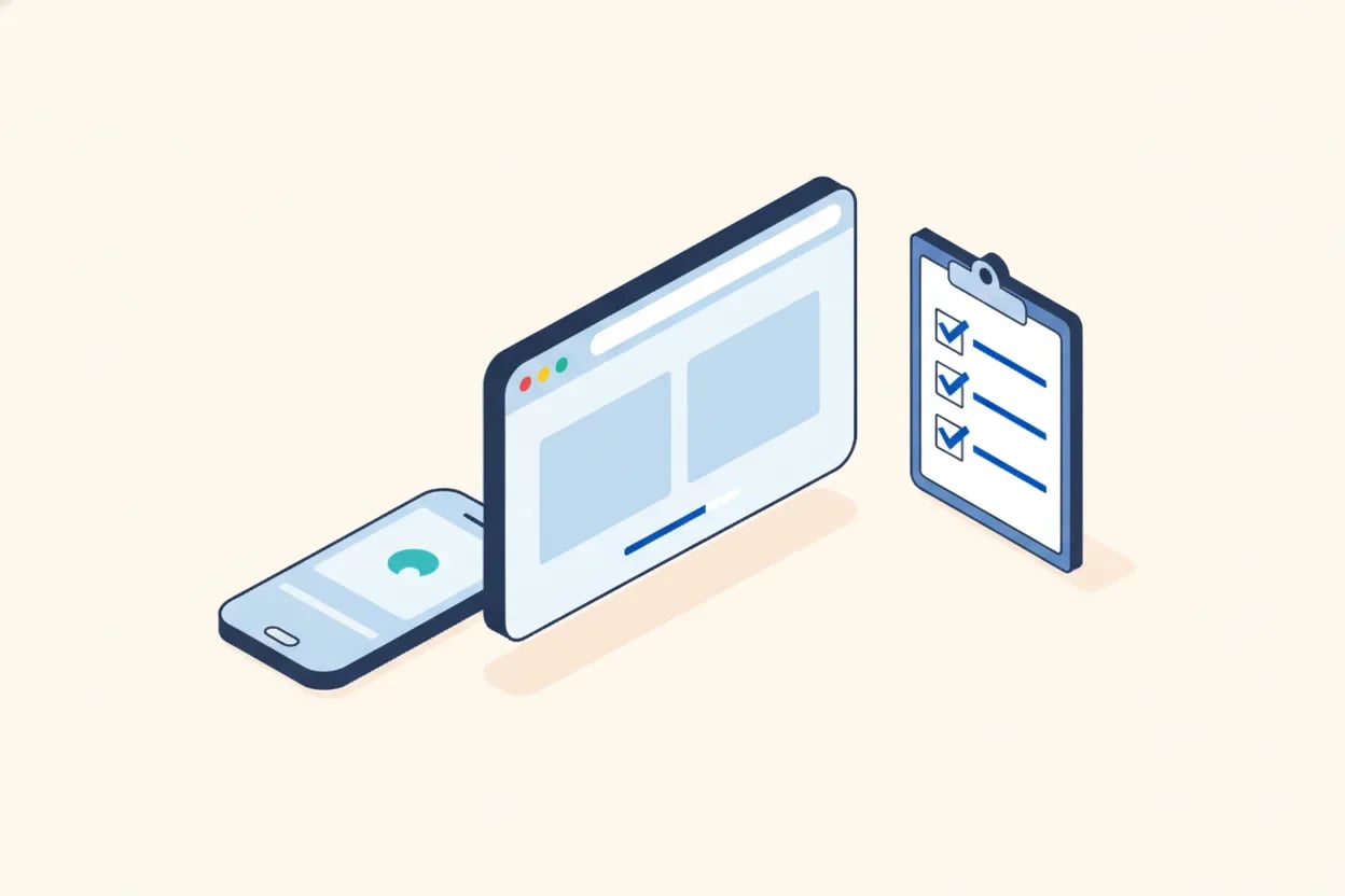 Ilustración vectorial plana de una aplicación móvil y web con una lista de comprobación y maquetaciones flexibles preparadas para muchos idiomas