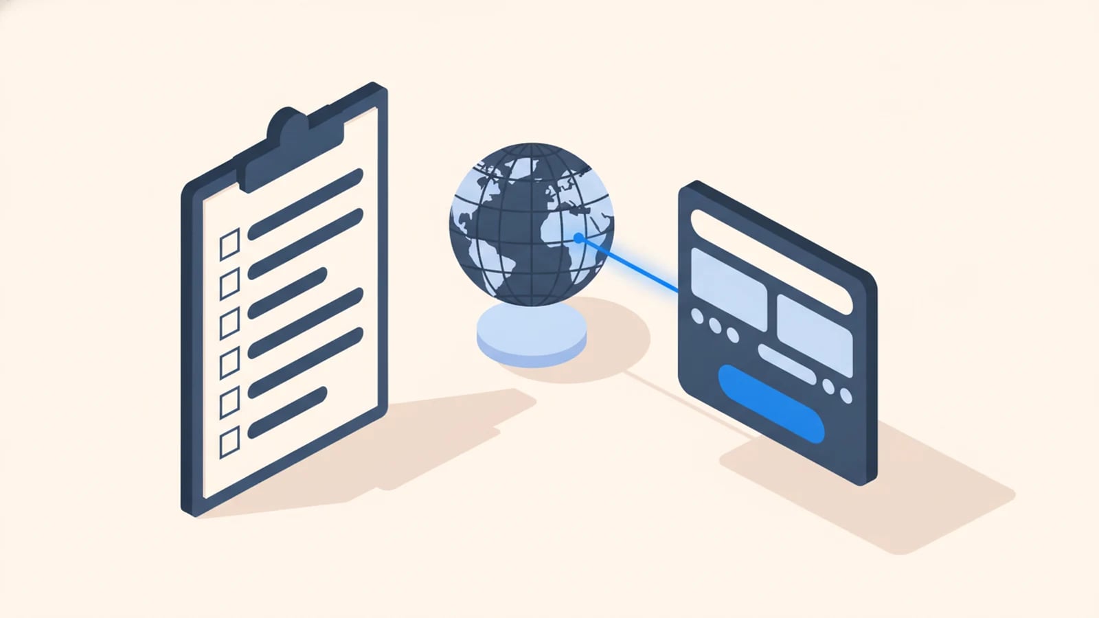 Isometric illustration of a checklist beside a globe linked to an app, illustrating global app best practices.