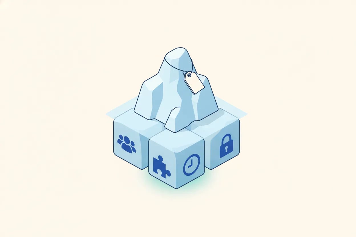 Ilustración vectorial plana de un iceberg con una pequeña etiqueta de precio en la punta y bloques mayores de costes ocultos bajo la línea de flotación
