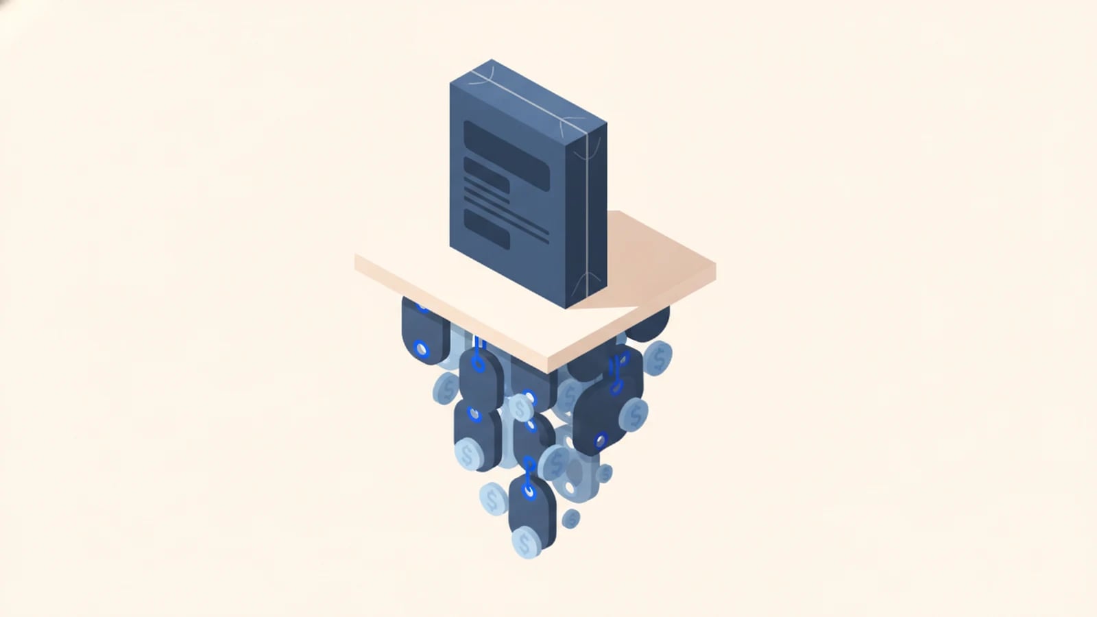 Isometric illustration of a boxed software product with hidden costs stacked beneath it, illustrating the hidden costs of off-the-shelf software.