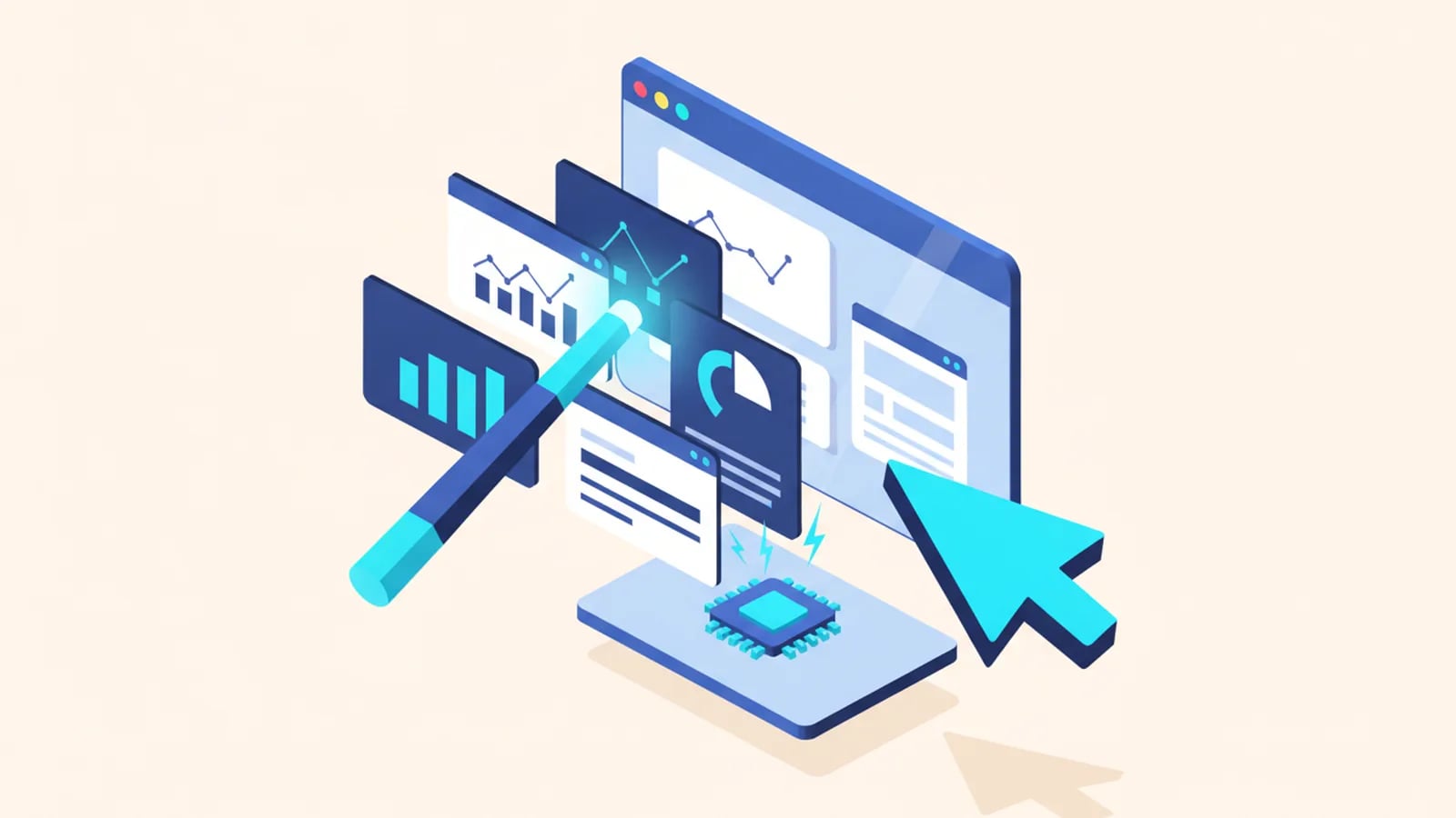 Isometric illustration of a magic-wand cursor assembling app cards and charts into an application window, powered by a small microchip.
