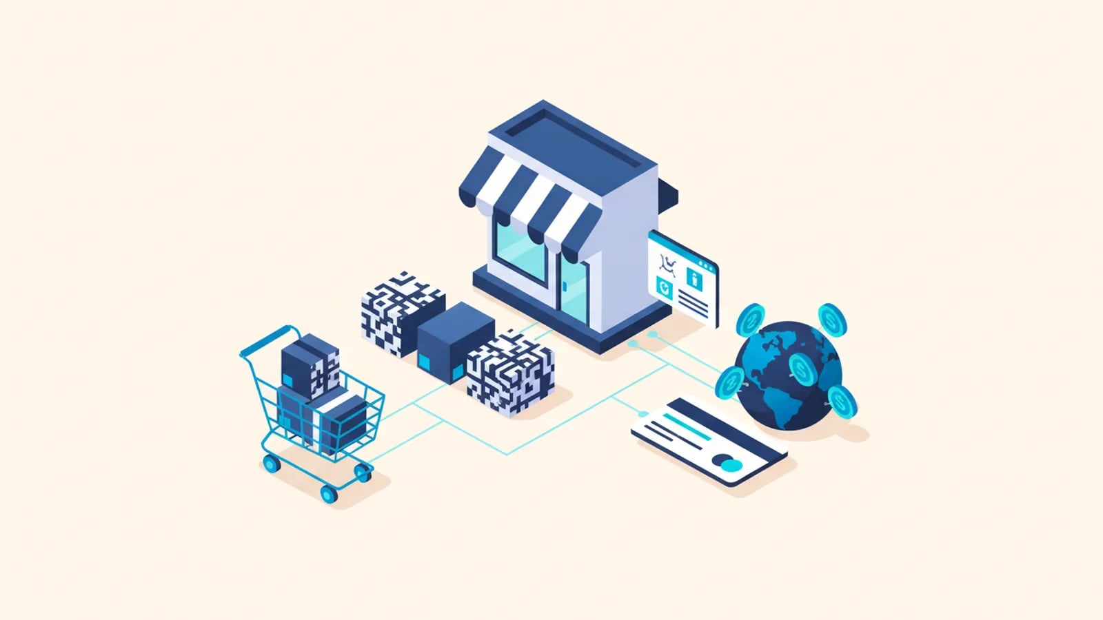Isometric illustration of a small storefront, product boxes, a shopping cart, a payment card and a globe with coins, showing e-commerce.