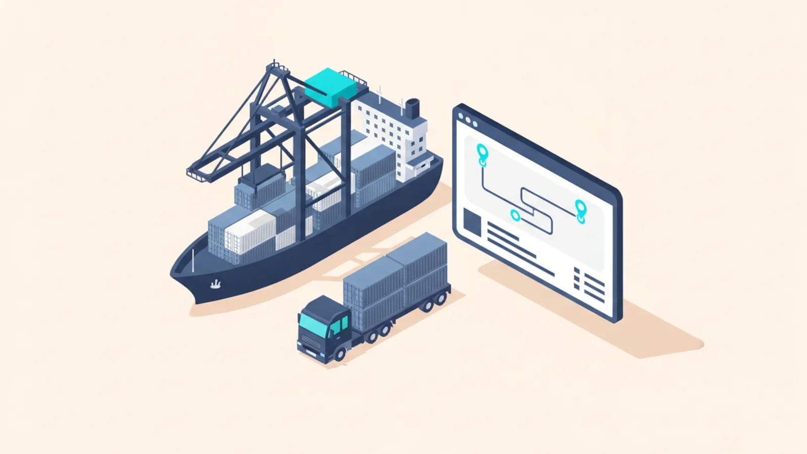 Isometric illustration of a container ship at a port crane with a truck and a tracking dashboard showing a route map.
