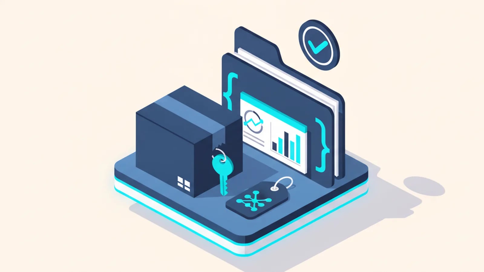 Isometric illustration of a delivery package with a key, a repository folder with code brackets and a check badge on a platform, showing project handover.