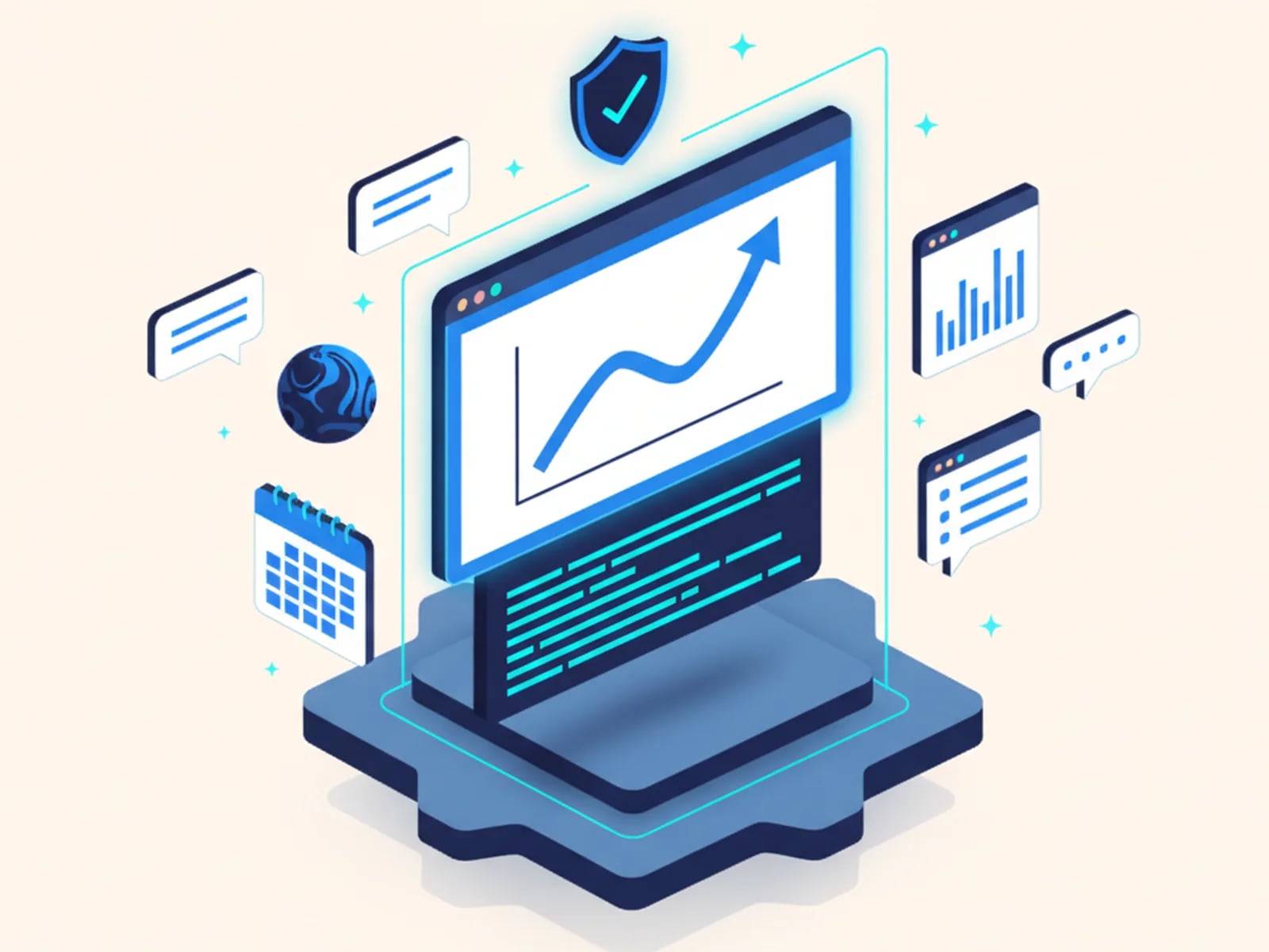 Isometric illustration of a custom software dashboard with a rising chart and a code panel, surrounded by a globe, app windows, language speech bubbles and a security shield.