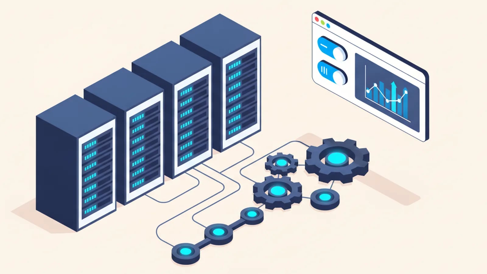 Isometric illustration of server racks connected to gears and integration nodes, with an admin dashboard showing toggles and a chart.