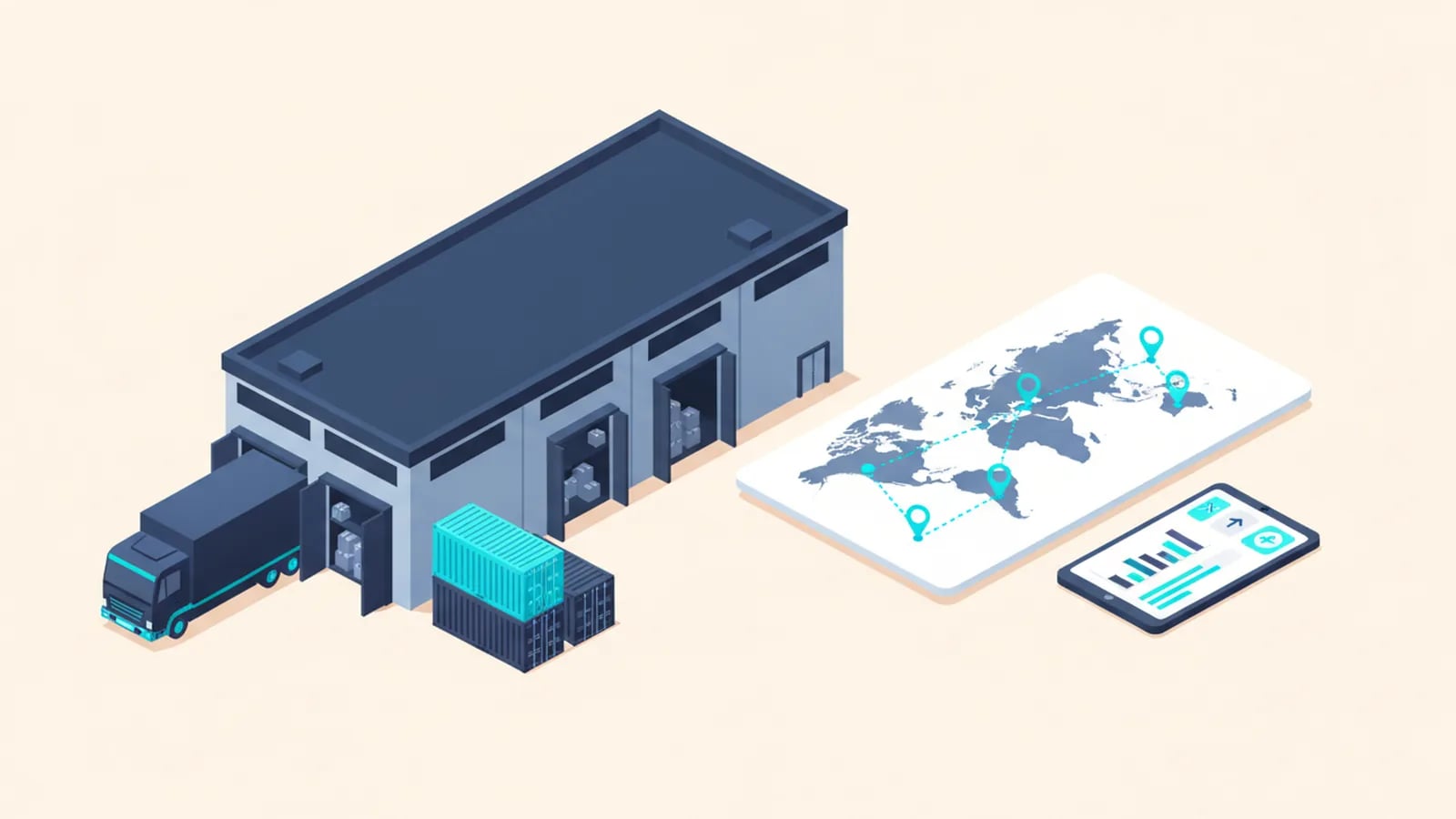 Isometric illustration of a warehouse, a delivery truck, a shipping container and a tracking map with route pins on a tablet dashboard.