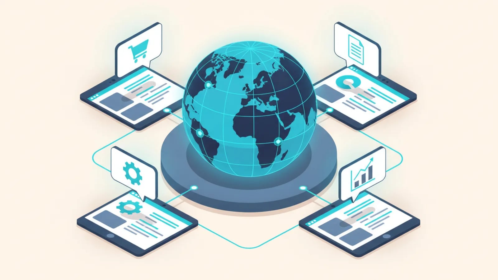 Isometric illustration of a globe at the center of four app screens, each with its own language speech bubble, showing multilingual software.
