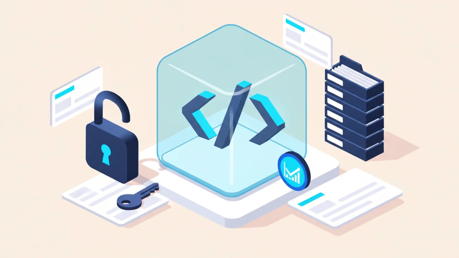 Isometric illustration of a glass cube holding a code symbol, next to an open padlock, a key, repository folders and a check badge, showing full code ownership.