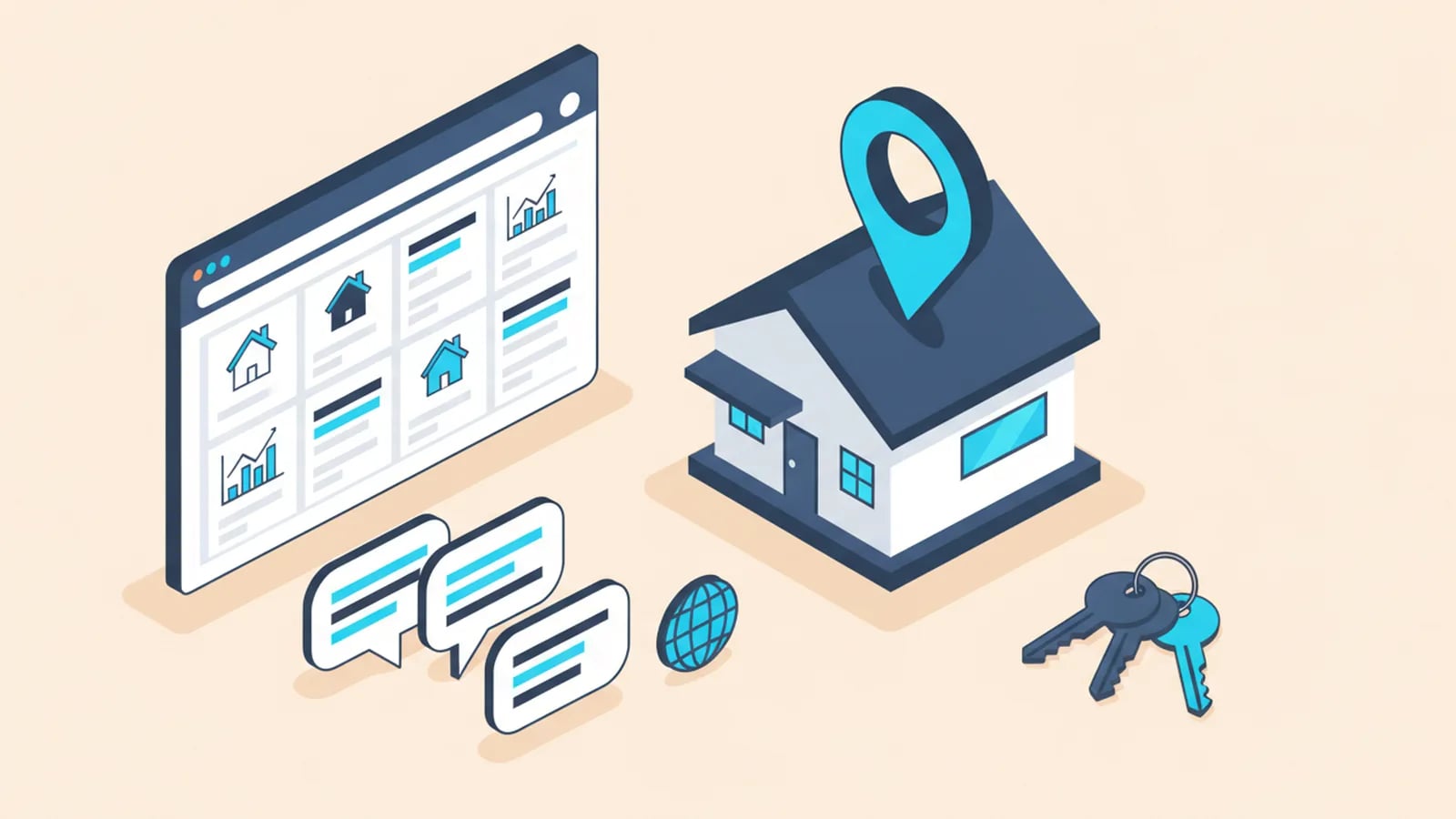 Isometric illustration of a house with a location pin, a property listings website, language speech bubbles, a globe and keys.
