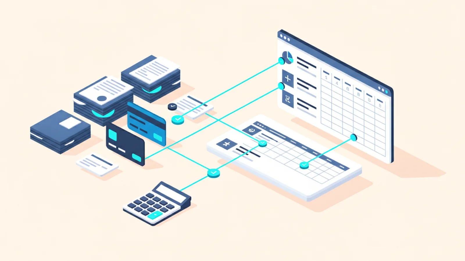 Isometric illustration of stacked invoices and bank cards linked by lines to a ledger spreadsheet and a calculator, showing payment reconciliation.