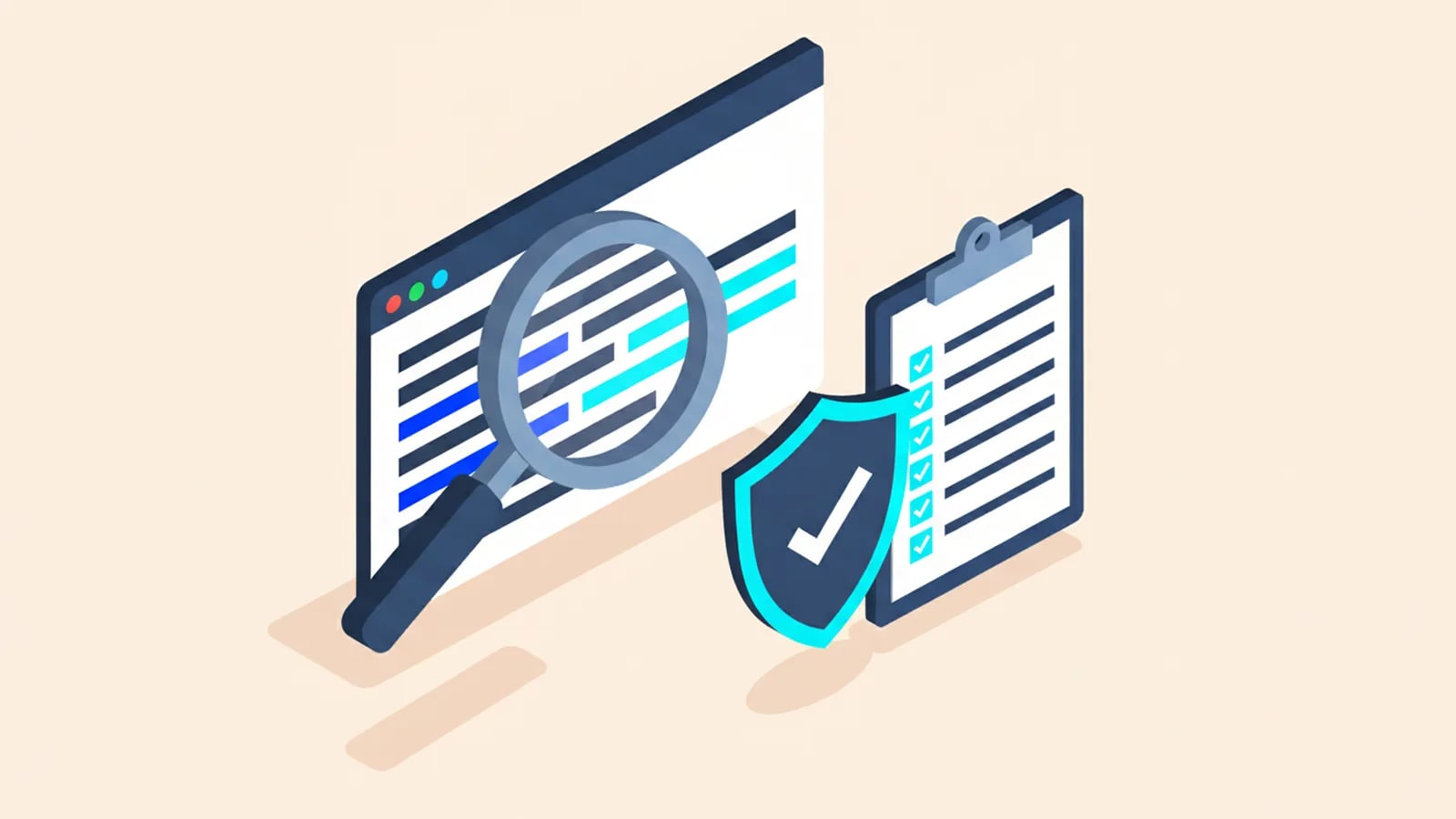 Isometric illustration of a magnifying glass over a code window, with a security shield and a clipboard of check marks, showing code review.