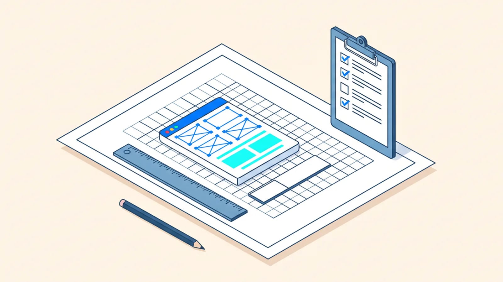 Isometric illustration of a blueprint sheet with an app wireframe, a clipboard checklist, a ruler and a pencil, showing project scoping.