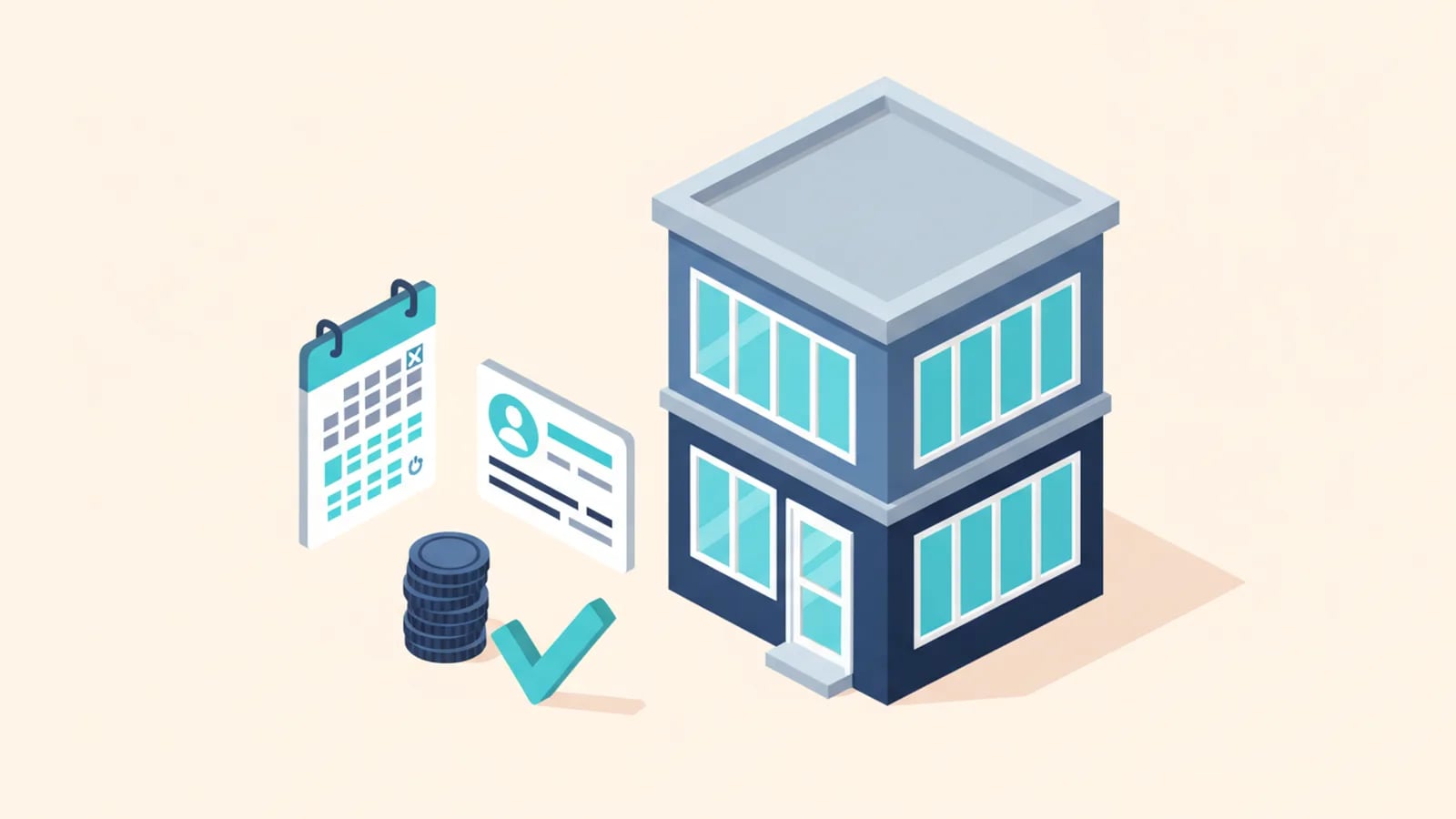 Isometric illustration of a small office building with a booking calendar, a client profile card, a stack of coins and an approval check mark.
