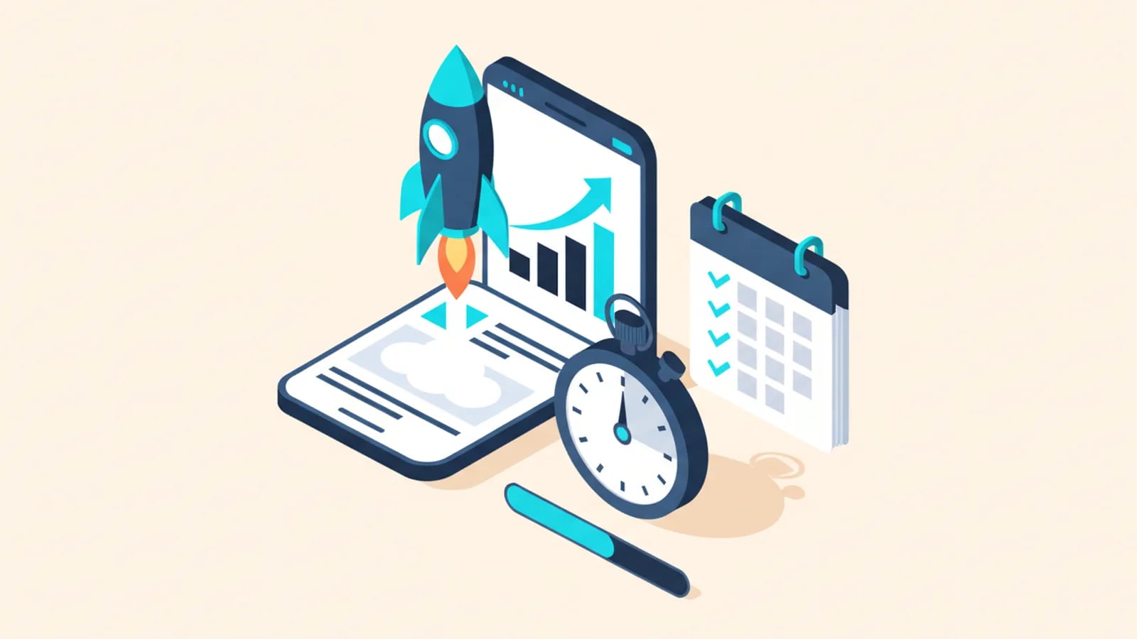 Isometric illustration of a rocket launching from an app window beside a stopwatch, a calendar with checked days and a nearly full progress bar, showing fast delivery.