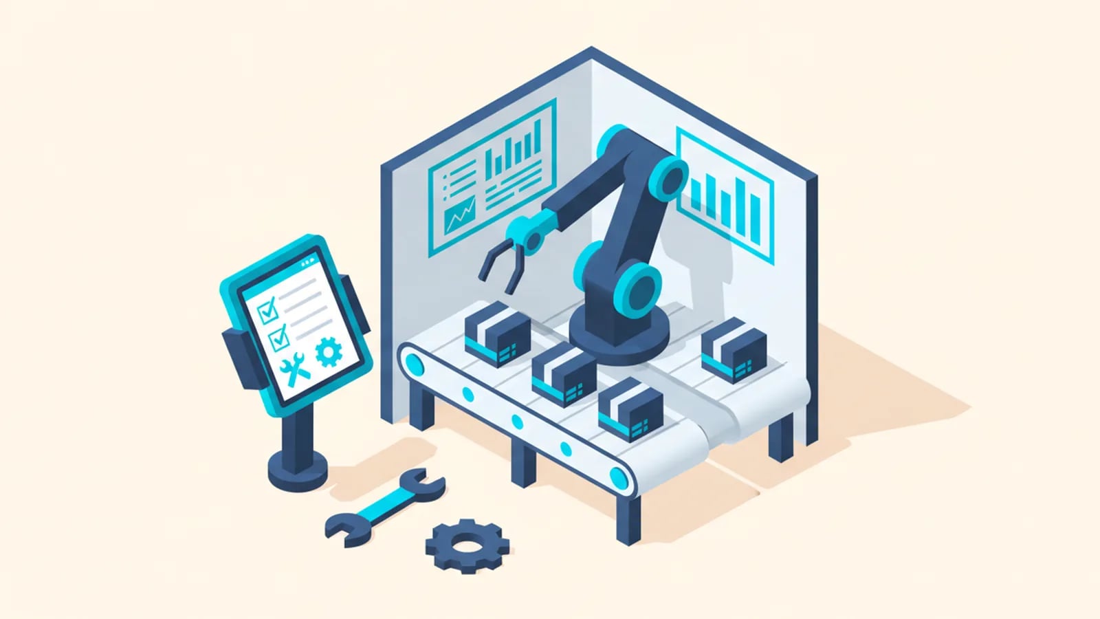 Isometric illustration of a factory floor with a robotic arm and a conveyor belt, a tablet with a maintenance checklist, a wrench and a gear.