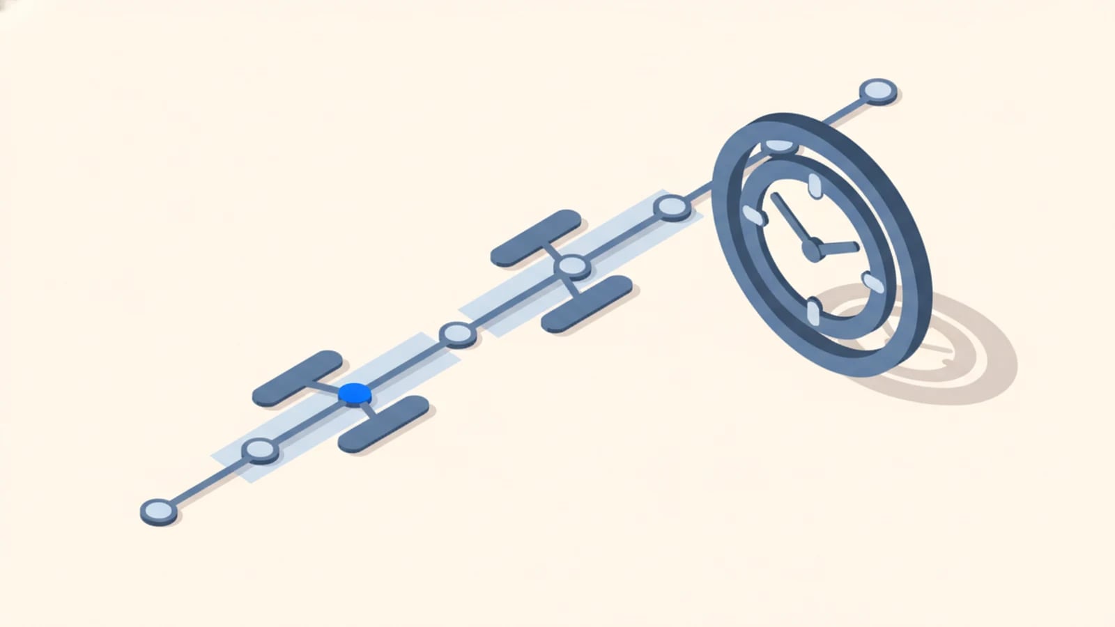 Isometric illustration of a project timeline with milestones and a clock, illustrating how long custom software takes.