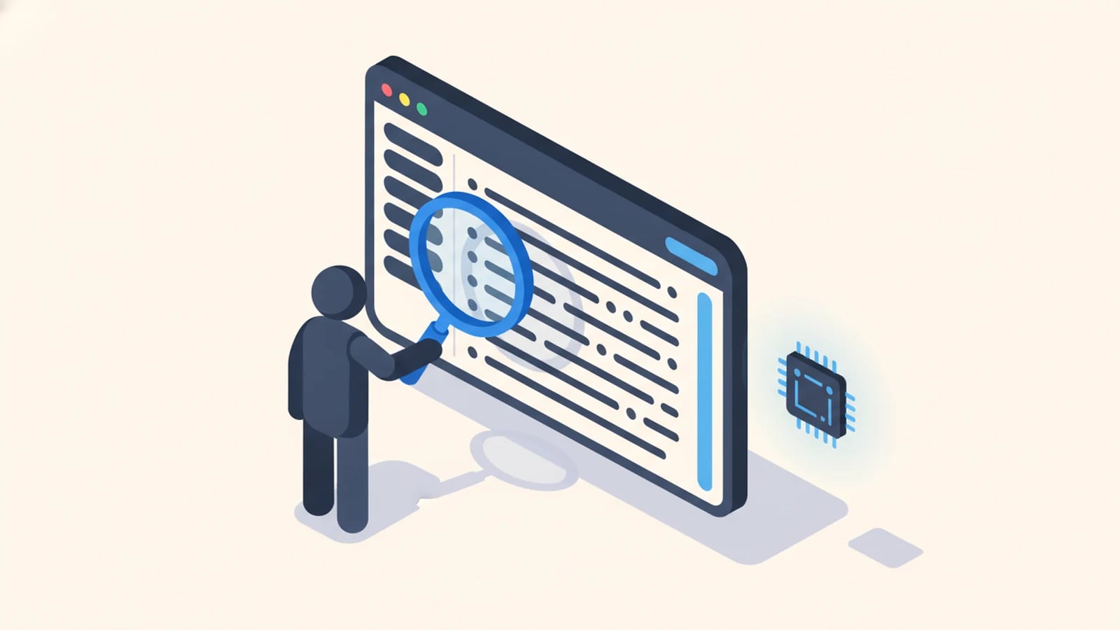 Isometric illustration of a human and an AI both reviewing code, illustrating human review versus AI-generated code.