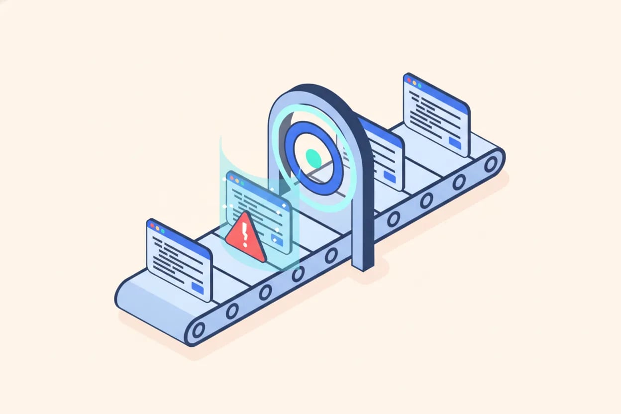 Illustration vectorielle plate de code franchissant un portique de sécurité en forme de bouclier, avec un paquet signalé et retenu