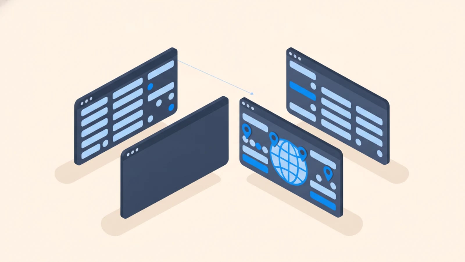 Isometric illustration of software interface panels being adapted for different locales, illustrating localization versus translation.
