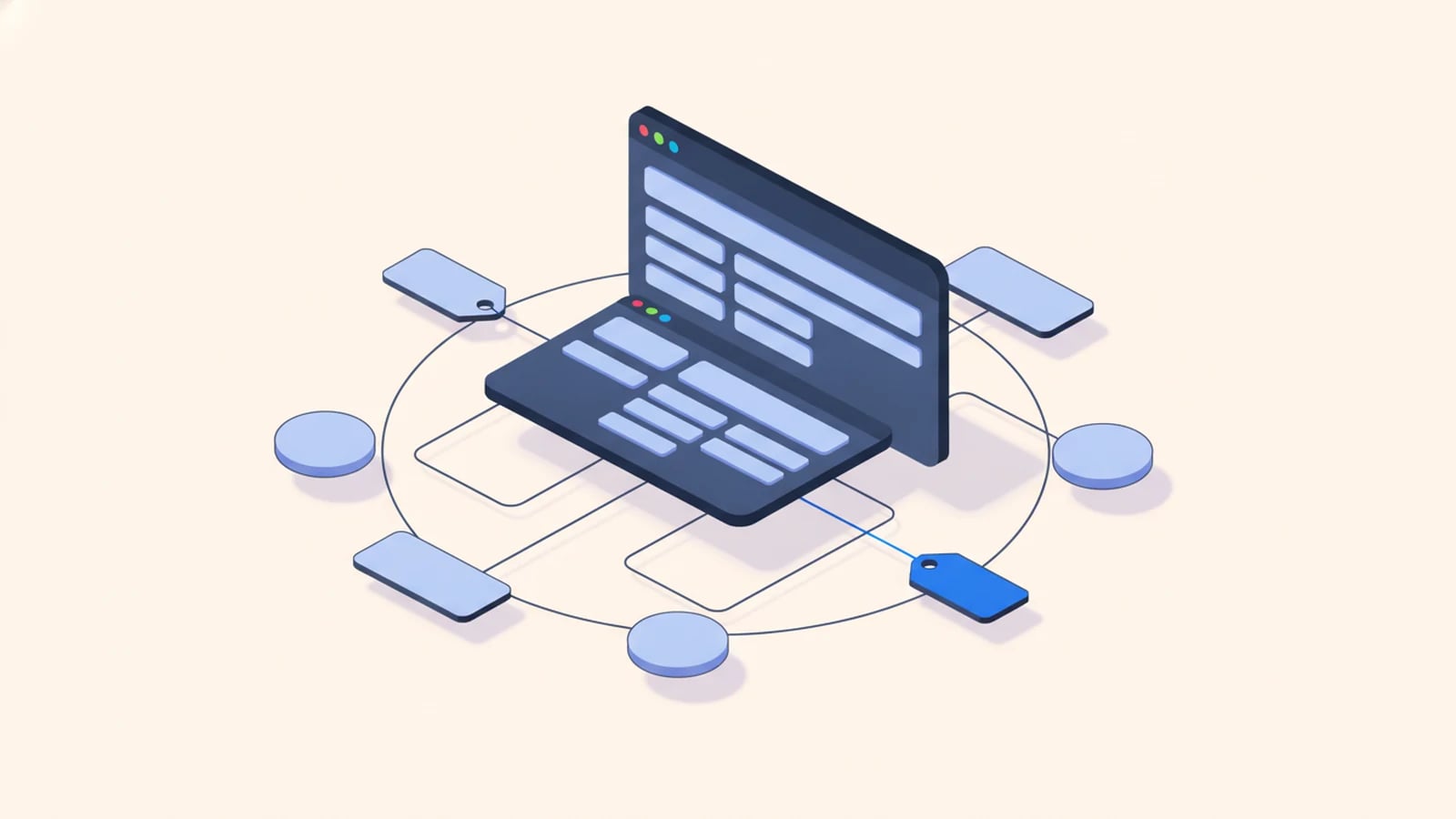 Isometric illustration of a software billing panel linked to multiple currency tokens, illustrating multi-currency software support.