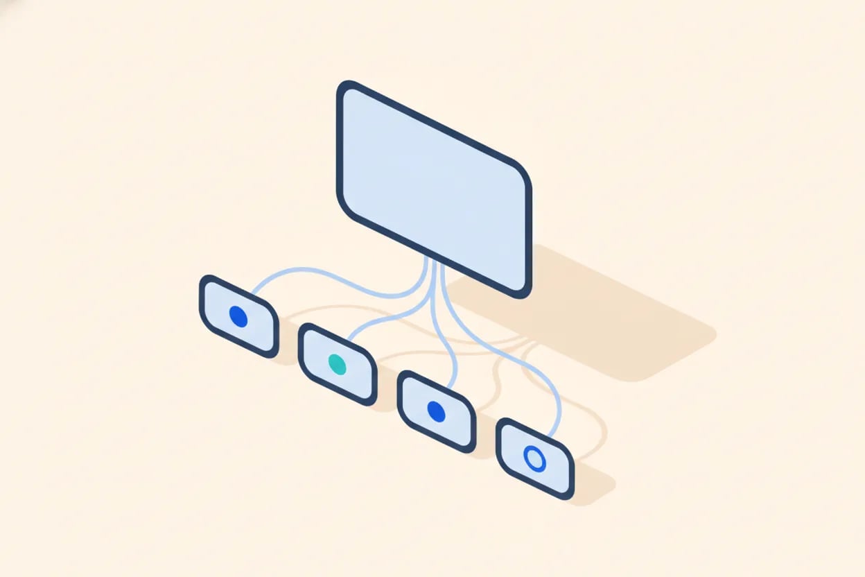 Ilustración vectorial plana del panel de un CMS con una página que se ramifica en cuatro versiones de idioma, cada una con su indicador de estado