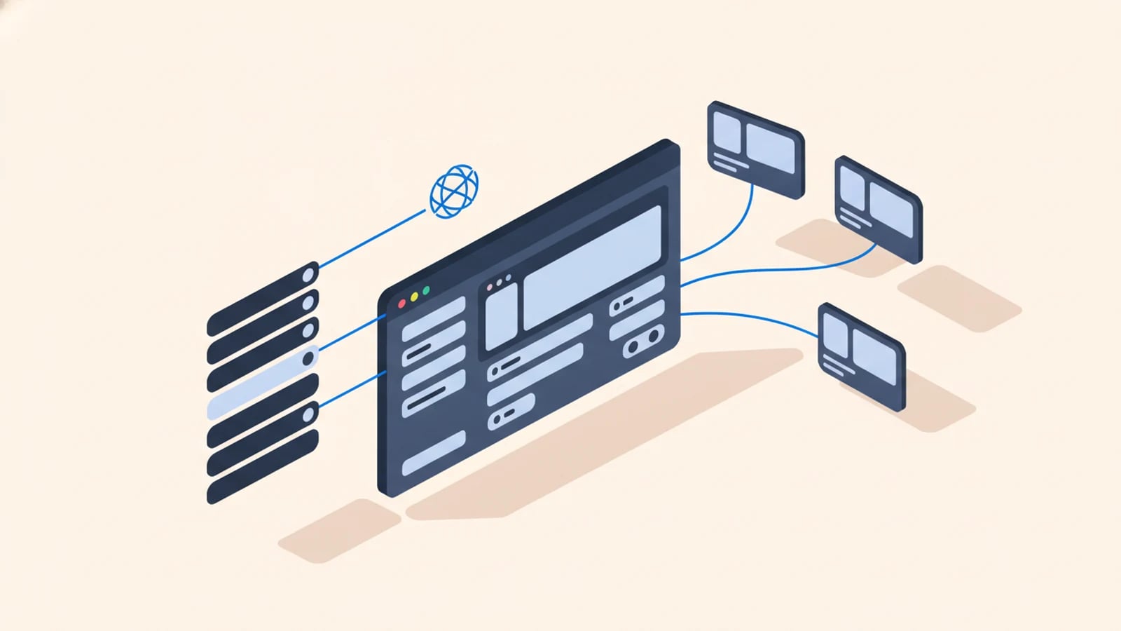 Isometric illustration of a content-management editor serving one set of content out to many localized page variants, illustrating a multilingual CMS.