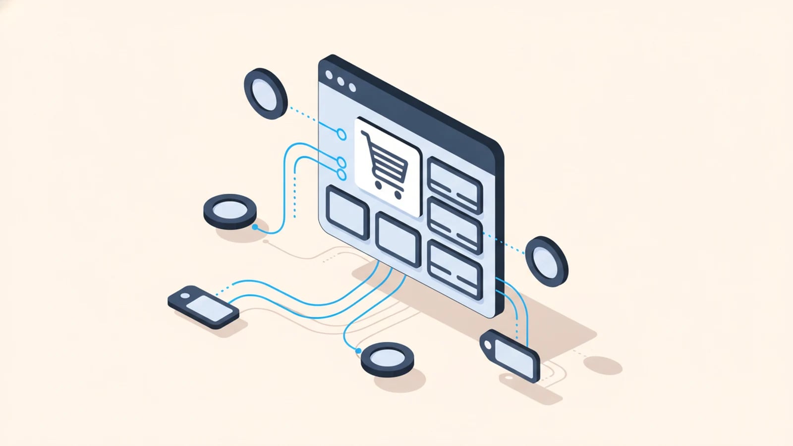 Isometric illustration of an online store linked to multiple currencies and locales, illustrating a multilingual e-commerce website.