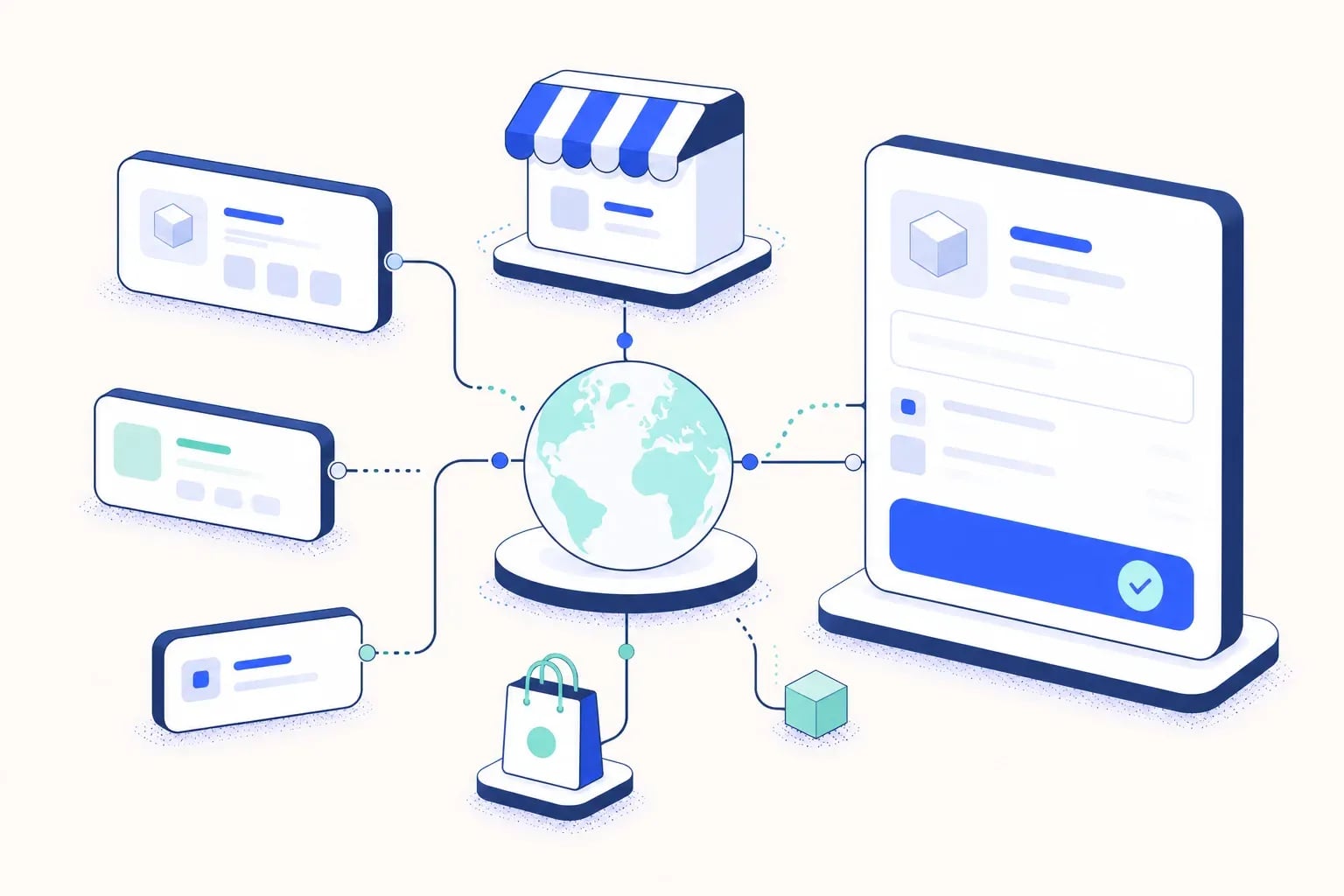 Platte vectorillustratie van een webwinkel en een wereldbol die verbonden zijn met gelokaliseerde productpagina's voor grensoverschrijdende verkoop