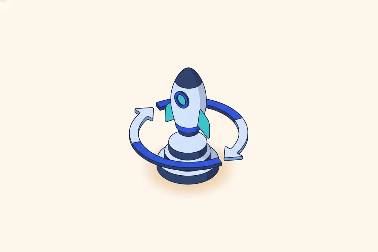Illustration vectorielle plate d’un prototype d’application minimal qui décolle comme une petite fusée, entouré d’une flèche de boucle de rétroaction