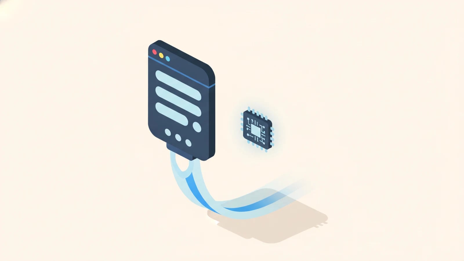 Isometric illustration of a minimal app launching on a rocket with AI help, illustrating MVP development with AI.
